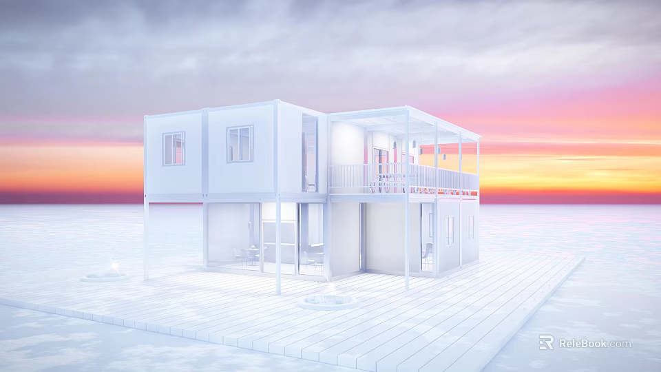 White Two Story Container Building With Balcony And Sunset Backdrop 3d model 