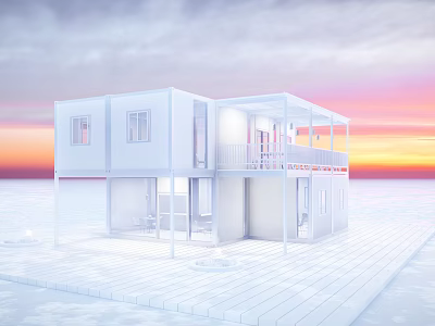 White Two Story Container Building With Balcony And Sunset Backdrop 3d model