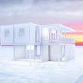 White Two Story Container Building With Balcony And Sunset Backdrop
