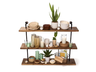 Three Tier Wooden Plant Stand With Green Plants Bowls Jars And Baskets 3d model