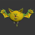 Yellow Lemon Shaped Creature With Green Leaf Ears And Wings Smiling Face Sharp Teeth Floating