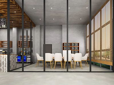 Modern Industrial Style Reception Area With Comfortable Dining Seats And Full Height Glass Partitions 3d model
