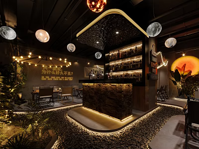 Stylish Bar Interior with Stone Counter Pebble Floor Hanging Lights and Green Plants 3d model