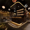Stylish Bar Interior with Stone Counter Pebble Floor Hanging Lights and Green Plants