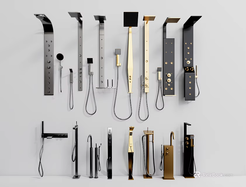 Modern Shower Fixtures With Black Gold Silver Finishes And Contemporary Design 3d model 