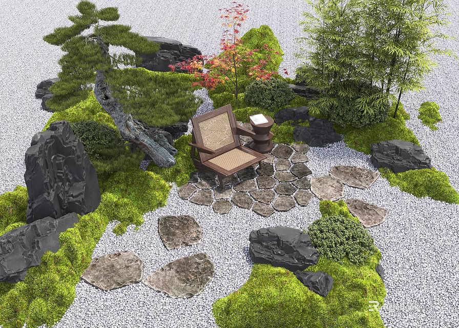 Serene Courtyard Garden With Black Rocks Moss Covered Ground Wooden Chair And Bamboo Plants 3d model 