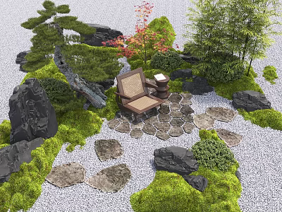 Serene Courtyard Garden With Black Rocks Moss Covered Ground Wooden Chair And Bamboo Plants 3d model