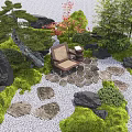 Serene Courtyard Garden With Black Rocks Moss Covered Ground Wooden Chair And Bamboo Plants