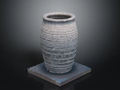 Textured Striped Pottery Jar On Square Base Against Dark Background 3d model