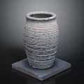 Textured Striped Pottery Jar On Square Base Against Dark Background 3d model