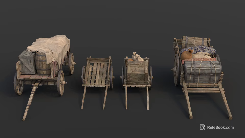Vintage Wooden Carts With Canvas Cover And Loaded Goods On Wheels 3d model 