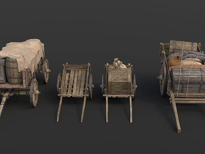 Vintage Wooden Carts With Canvas Cover And Loaded Goods On Wheels 3d model