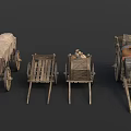 Vintage Wooden Carts With Canvas Cover And Loaded Goods On Wheels