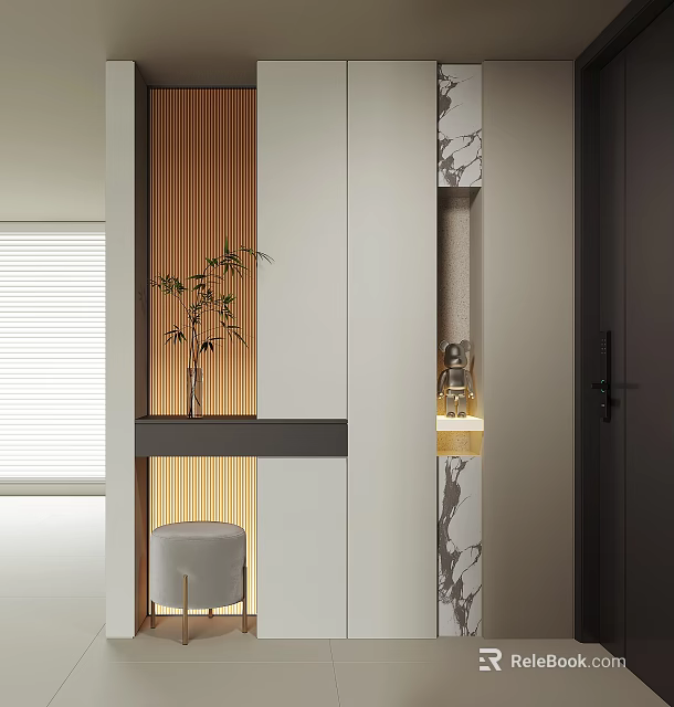 Modern Shoe Cabinet Design With Wooden Panels And Decorative Plant In Entryway 3d model 