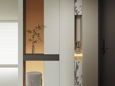 Modern Shoe Cabinet Design With Wooden Panels And Decorative Plant In Entryway 3d model
