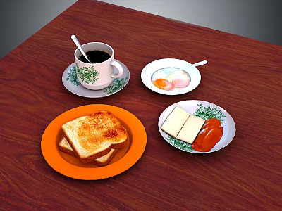 Morning Breakfast Setup On Wooden Table With Coffee Toast Egg Cheese And Sausage 3d model