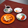 Morning Breakfast Setup On Wooden Table With Coffee Toast Egg Cheese And Sausage