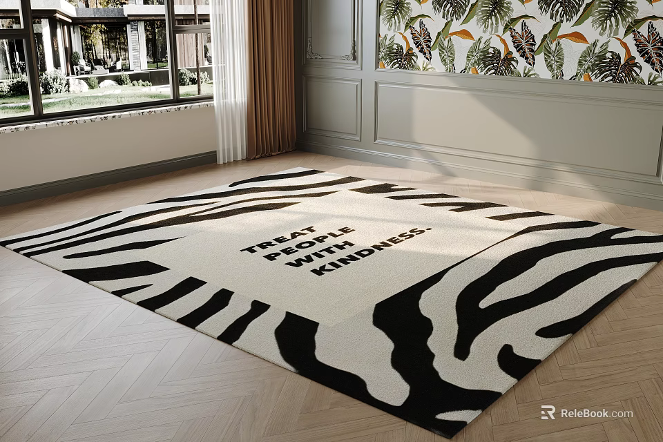Zebra Pattern Square Rug In Living Room With Text 3d model