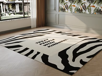 Zebra Pattern Square Rug In Living Room With Text 3d model