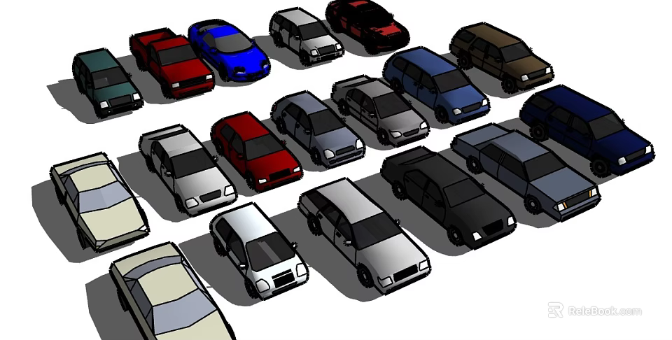 Various Cars With Different Colors And Multiple Models Parked Together 3d model