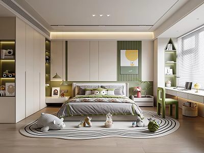 Cozy Kids Room Interior Design With Green White Decor Striped Rug Toys And Desk 3d model
