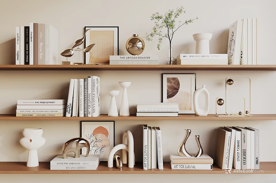 Modern Decorative Ornament Sets on Wooden Shelves with Books Vases Sculptures and Framed Art 3d model 