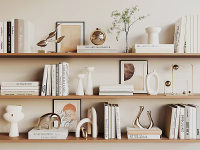 Modern Decorative Ornament Sets on Wooden Shelves with Books Vases Sculptures and Framed Art 3d model