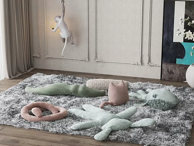 Cute Plush Toys Monkey Cat Rabbit Ring Shapes On Gray Rug In Decorated Room 3d model