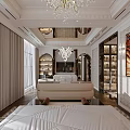 Elegant Modern Bedroom Interior With Gold Chandelier Upholstered Headboard Nightstands Sofa And Curtains