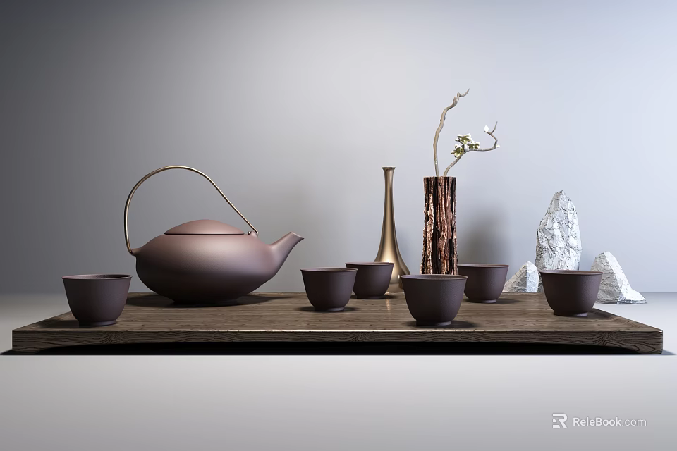 Classic Brown Ceramic Tea Set With Teapot Six Teacups On Wooden Tray And Decorative Vase 3d model 