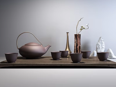 Classic Brown Ceramic Tea Set With Teapot Six Teacups On Wooden Tray And Decorative Vase 3d model