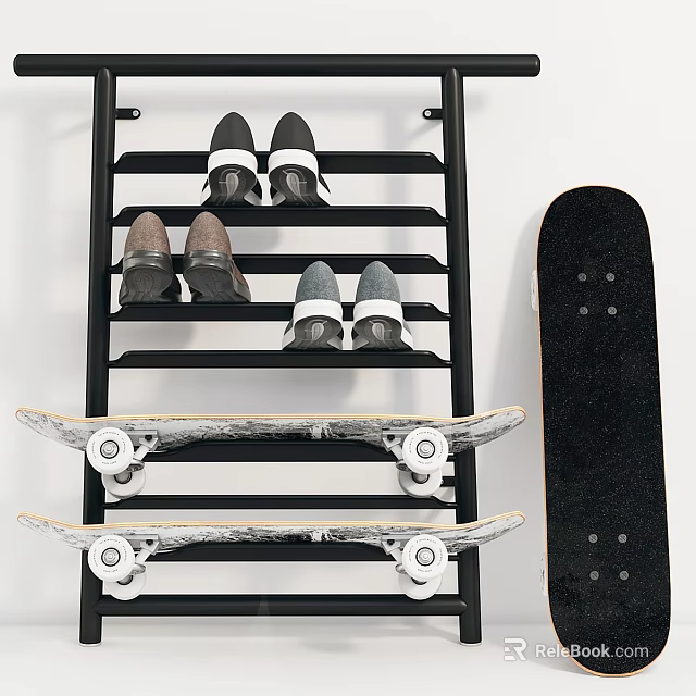 Modern Home Wall Decor With Shoe Rack Skateboards And Shoes 3d model 
