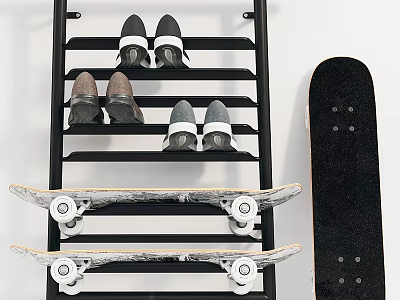 Modern Home Wall Decor With Shoe Rack Skateboards And Shoes 3d model