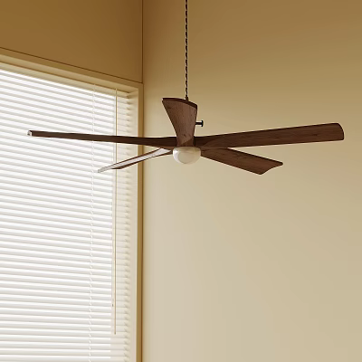 Ceiling Fan Light With Wooden Blades And White Light In Room With Blinds Interior 3d model