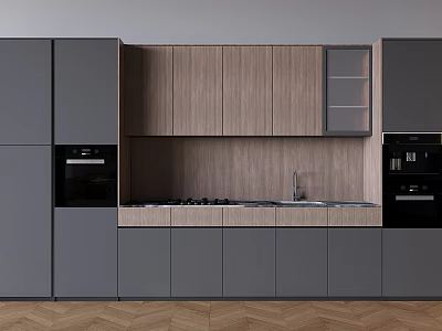 Modern Kitchen Interior Design With Gray Cabinets Wooden Backsplash Sink Faucet And Appliances 3d model