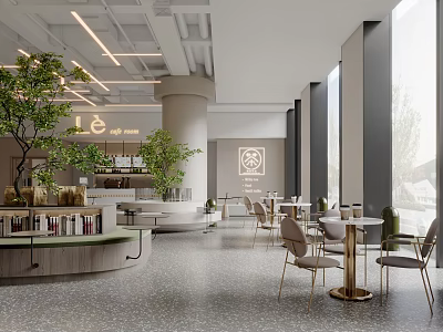 Modern Café Interior Design With Green Plants Comfortable Tables And Floor To Ceiling Windows 3d model