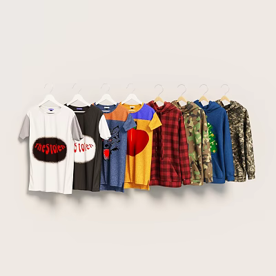 Stylish Casual Clothes Collection With Various Designs Colors And Patterns On Hangers 3d model