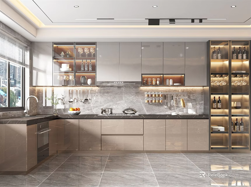Modern Kitchen Interior Design With Marble Island Counter Cabinets And Appliances 3d model 