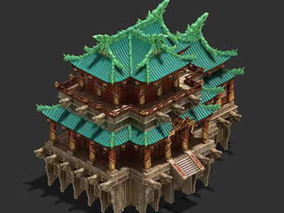 Ancient Chinese Architecture With Multi Layered Green Tiled Roof Red Pillars And Intricate Carvings 3d model