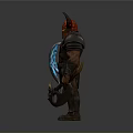Mythical Demon Warrior With Red Black Horns Metal Armor Blue Glowing Scythe And Axe