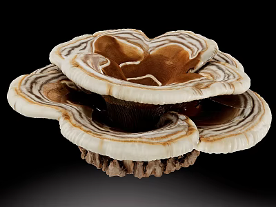 Ganoderma Plant With Overlapping Brown And White Textured Caps On Black Background 3d model
