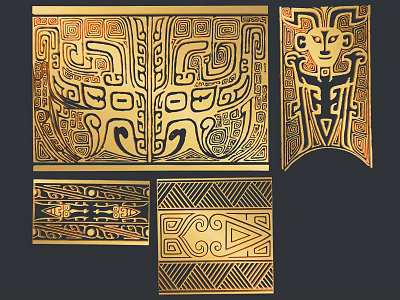 Golden Wall Decor With Intricate Geometric Patterns And Totem Like Human Figures 3d model