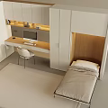 Compact Modern Room With Bed Desk White Chair And Storage Cabinets