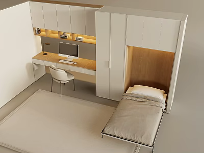 Compact Modern Room With Bed Desk White Chair And Storage Cabinets 3d model