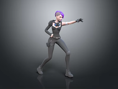 3D Stylish Character With Purple Hair Black Outfit Headphones Dynamic Action Pose 3d model