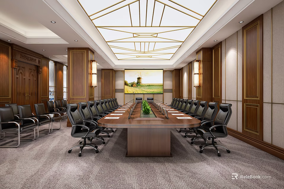 Elegant Conference Room With Long Wooden Table Black Leather Chairs Geometric Ceiling And Wall Art 3d model 