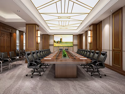 Elegant Conference Room With Long Wooden Table Black Leather Chairs Geometric Ceiling And Wall Art 3d model