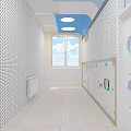 Kid Friendly Elevator Corridor With Blue Beige Walls Cloud Decorations And Round Ceiling Lights 3d model
