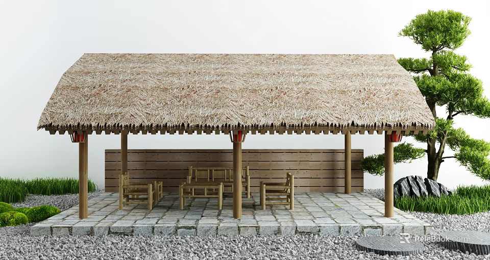 Rustic Thatched Pavilion With Wooden Chairs Stone Wall Slab Floor And Green Plants 3d model 