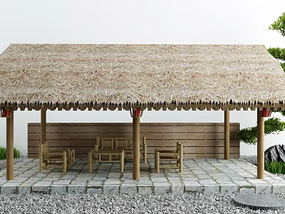Rustic Thatched Pavilion With Wooden Chairs Stone Wall Slab Floor And Green Plants 3d model